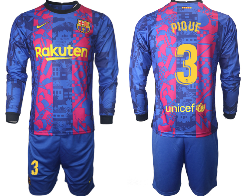 Men 2021-2022 Club Barcelona Second away blue Long Sleeve #3 Soccer Jersey